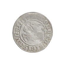 Lithuanian half-grosz, Sigismund I the Old (king of Poland; 1506–1548). Obverse: Pogon turned left;