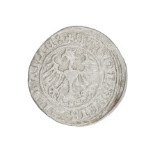 Lithuanian half-grosz, Sigismund I the Old (king of Poland; 1506–1548). Obverse: Pogon turned left;