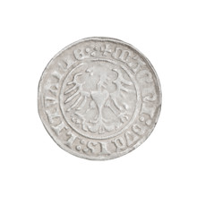 Lithuanian half-grosz, Sigismund I the Old (King of Poland; 1506–1548). Obverse: Pogon (Lithuanian