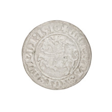 Lithuanian half-grosz, Sigismund I the Old (King of Poland; 1506–1548). Obverse: Pogon (mounted