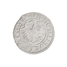 Lithuanian half-grosz, Sigismund I the Old (King of Poland; 1506–1548). Obverse: Pogon (Lithuanian