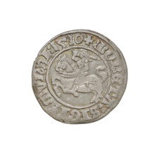 Lithuanian half-grosz, Sigismund I the Old (king of Poland; 1506–1548). Obverse: Pogon (Lithuanian