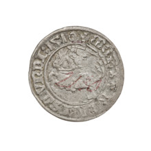 Lithuanian half-grosz, Sigismund I the Old (king of Poland; 1506–1548). Obverse: Pogon (mounted