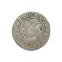 Lithuanian half-grosz, Sigismund I the Old (King of Poland; 1506–1548). Obverse: Pogon turned left;