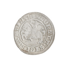 Lithuanian half-grosz, Sigismund I the Old (King of Poland; 1506–1548). Obverse: Pogon turned left;