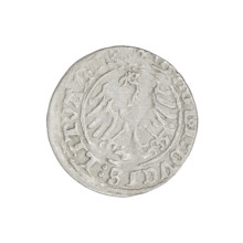 Lithuanian half-grosz, Sigismund I the Old (King of Poland; 1506–1548). Obverse: Pogon turned left;
