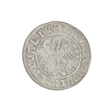 Lithuanian half-grosz, Sigismund I the Old (King of Poland; 1506–1548). Obverse: Pogon turned left;