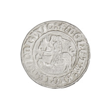 Lithuanian half-grosz, Sigismund I the Old (king of Poland; 1506–1548). Obverse: Pogon (mounted