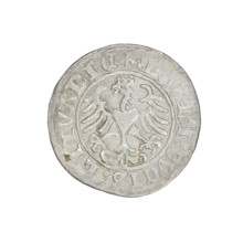 Lithuanian half-grosz, Sigismund I the Old (king of Poland; 1506–1548). Obverse: Pogon turned left;