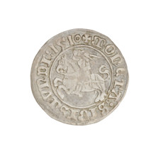 Lithuanian half-grosz, Sigismund I the Old (king of Poland; 1506–1548). Obverse: Pogon (mounted