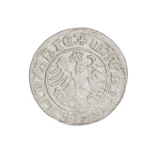 Lithuanian half-grosz, Sigismund I the Old (king of Poland; 1506–1548). Obverse: Pogon turned left;