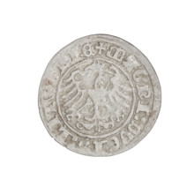 Lithuanian half-grosz, Sigismund I the Old (king of Poland; 1506–1548). Obverse: Pogon (Lithuanian