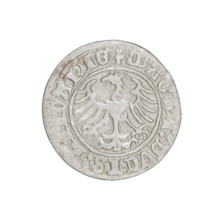 Lithuanian half-grosz, Sigismund I the Old (king of Poland; 1506–1548). Obverse: Pogon (Lithuanian