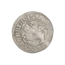 Lithuanian half-grosz, Sigismund I the Old (king of Poland; 1506–1548). Obverse: Pogon (Lithuanian