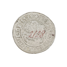 Lithuanian half-grosz, Sigismund I the Old (king of Poland; 1506–1548). Obverse: Pogon (mounted