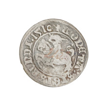 Lithuanian half-grosz, Sigismund I the Old (king of Poland; 1506–1548). Obverse: Pogon turned left;