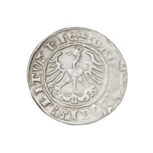 Lithuanian half-grosz, Sigismund I the Old (king of Poland; 1506–1548). Obverse: Pogon (Lithuanian