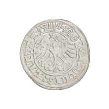 Lithuanian half-grosz, Sigismund I the Old (King of Poland; 1506–1548). Obverse: Pursuer (coat of