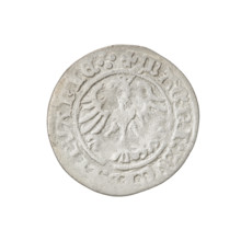 Lithuanian half-grosz, Sigismund I the Old (king of Poland; 1506–1548). Obverse: Pogon (Lithuanian
