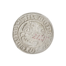 Lithuanian half-grosz, Sigismund I the Old (king of Poland; 1506–1548). Obverse: Pogon turned left;