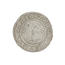 Lithuanian half-grosz, Sigismund I the Old (King of Poland; 1506–1548). Obverse: Pogon (mounted