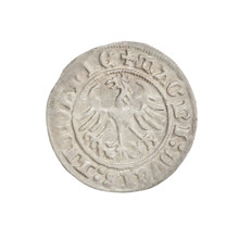 Lithuanian half-grosz, Sigismund I the Old (king of Poland; 1506–1548). Obverse: Pogon turned left;
