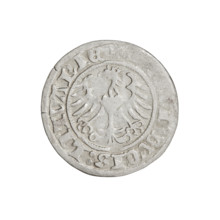 Lithuanian half-grosz, Sigismund I the Old (King of Poland, 1506–1548). Obverse: Pogon turned left;
