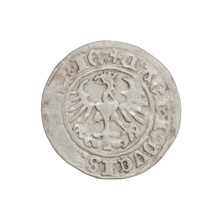 Lithuanian half-grosz, Sigismund I the Old (King of Poland; 1506–1548). Obverse: Pogon (Lithuanian