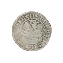 Lithuanian half-grosz, Sigismund I the Old (King of Poland; 1506–1548). Obverse: Pogon turned left;