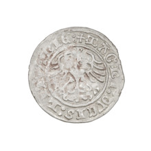 Lithuanian half-grosz, Sigismund I the Old (King of Poland; 1506–1548). Obverse: Pogon (Lithuanian