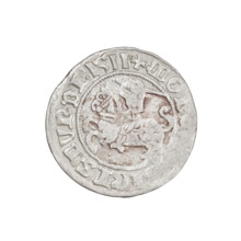 Lithuanian half-grosz, Sigismund I the Old (King of Poland; 1506–1548). Obverse: Pogon (Lithuanian