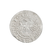 Lithuanian half-grosz, Sigismund I the Old (King of Poland; 1506–1548). Obverse: Pogon (Lithuanian