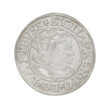 Prussian grosz, Sigismund I the Old (King of Poland; 1506–1548). Obverse: Crowned male bust in