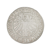 Prussian grosz, Sigismund I the Old (King of Poland; 1506–1548). Obverse: Crowned male bust in