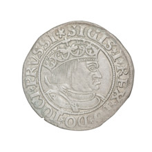 Prussian grosz, Sigismund I the Old (King of Poland; 1506–1548). Obverse: Crowned male bust in