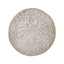 Prussian grosz, Sigismund I the Old (King of Poland; 1506–1548). Obverse: Crowned male bust in