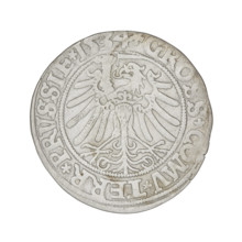 Prussian grosz, Sigismund I the Old (King of Poland; 1506–1548). Obverse: Crowned male bust in