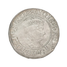 Prussian grosz, Sigismund I the Old (King of Poland; 1506–1548); silver coin (1534). Obverse: