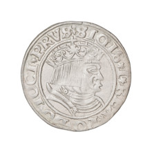 Prussian grosz, Sigismund I the Old (King of Poland; 1506–1548). Obverse: Crowned male bust in