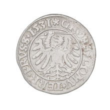Prussian grosz, Sigismund I the Old (King of Poland; 1506–1548). Obverse: Crowned male bust in