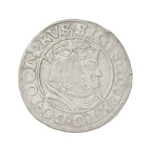 Prussian grosz, Sigismund I the Old (King of Poland; 1506–1548). Obverse: Crowned male bust in