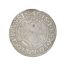 Prussian grosz, Sigismund I the Old (King of Poland; 1506–1548). Obverse: Crowned male bust in