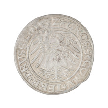 Prussian grosz, Sigismund I the Old (King of Poland; 1506–1548). Obverse: Crowned male bust in