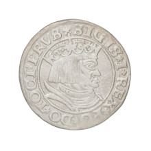 Prussian grosz, Sigismund I the Old (King of Poland; 1506–1548). Obverse: Crowned male bust in