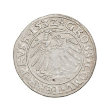 Prussian grosz, Sigismund I the Old (King of Poland; 1506–1548). Obverse: Crowned male bust in
