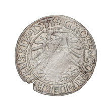 Prussian grosz, Sigismund I the Old (King of Poland; 1506–1548). Obverse: Crowned male bust in