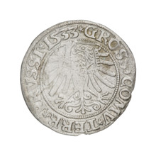 Prussian grosz, Sigismund I the Old (King of Poland; 1506–1548). Obverse: Crowned male bust in