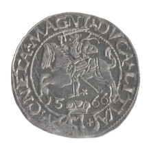 Lithuanian grosz on a Polish foot, Sigismund II Augustus (king of Poland; 1544–1572). Obv.: Crowned