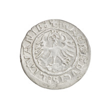 Lithuanian half-grosz, Sigismund I the Old (king of Poland; 1506–1548). Obverse: Pogon (Lithuanian