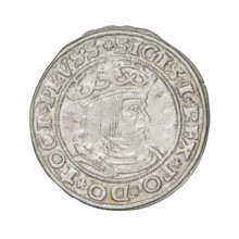 Prussian grosz, Sigismund I the Old (King of Poland; 1506–1548). Obverse: Crowned male bust in